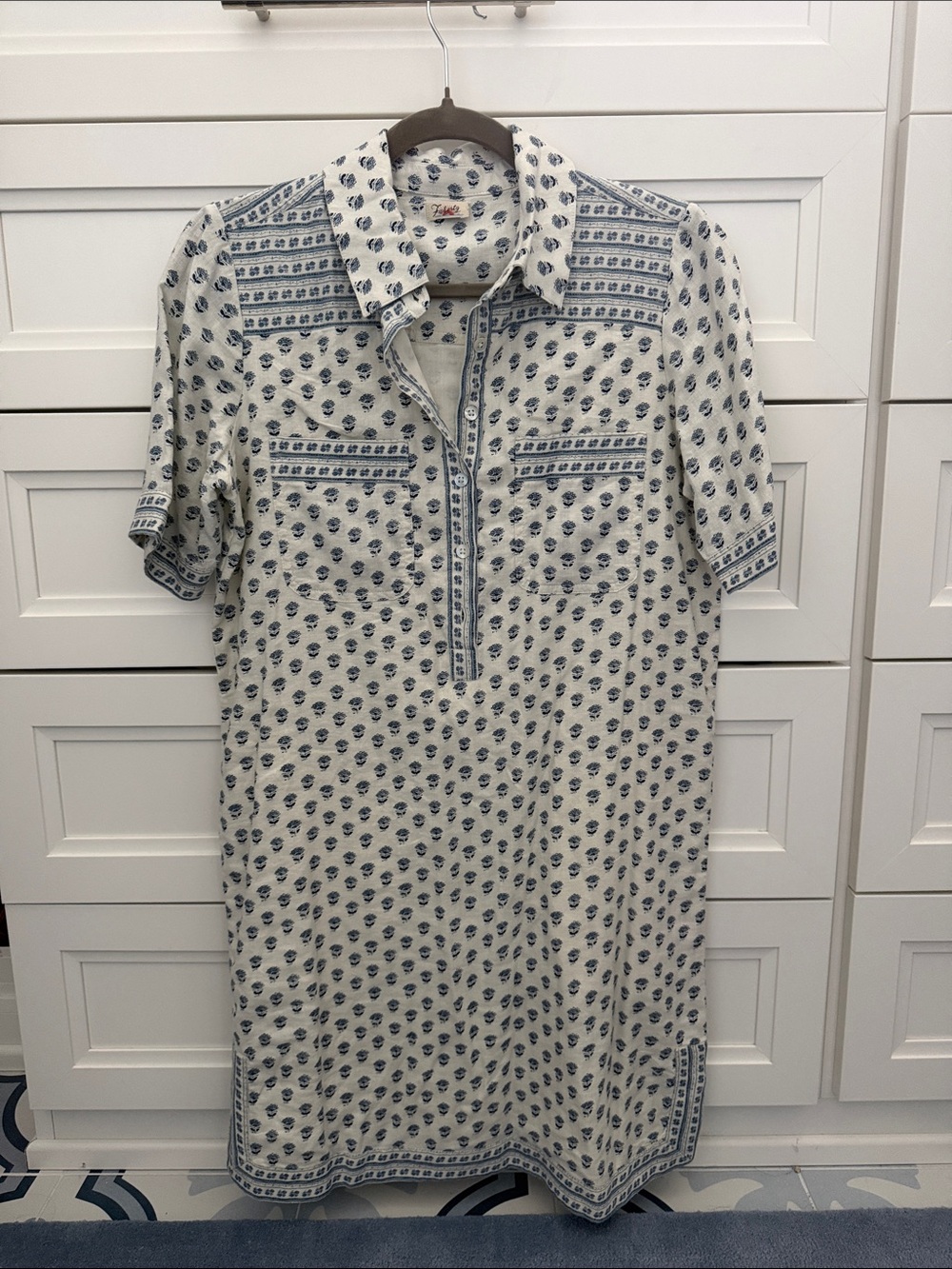 Faherty Ivory Mini Dress with Blue Geometric Print